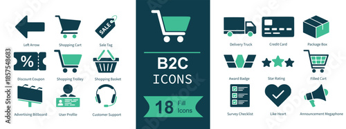 B2C icon set. Containing arrow, shopping cart, sale tag, truck, credit card, package box, discount coupon, basket, billboard, user profile, headset support, checklist, heart like, megaphone, e-commerc