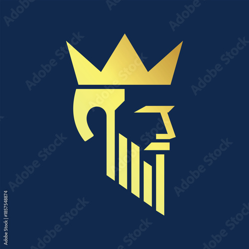 king profile logo with crown and beard in minimalist gold style, golden bearded king emblem for premium leadership or financial brand
