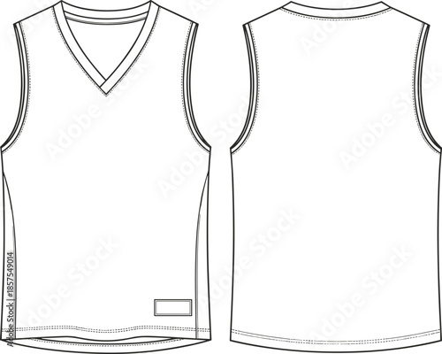 Tank top technical sketch, sleeveless jersey vector, fashion flat drawing, CAD apparel illustration, garment design template, clothing blueprint, editable outline