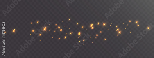 Golden sparkling stars scattered in horizontal line with soft glowing effect on transparent dark background.
