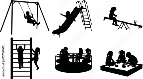 Children playground activity silhouettes vector illustration showing kids playing on swings slides seesaw climbing outdoor park equipment