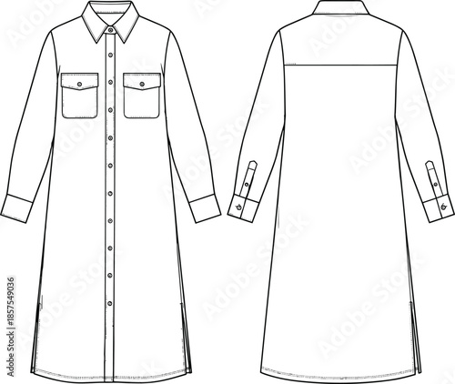 shirt dress technical sketch, long sleeve fashion drawing, cad flat vector, garment design template, apparel illustration, sewing pattern layout