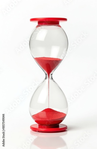 Modern red hourglass with clear glass and red sand isolated on white. Time flows from top bulb to bottom. Symbolizes time passing, deadlines, and urgency. Perfect for projects about time management.