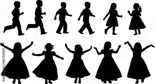 Children silhouette icon set showing kids running walking dancing playful activities childhood motion black white vector illustration collection