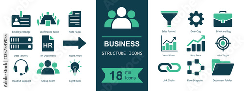 Business structure icon set. Containing ID badge, org chart, document, server rack, HR file, right arrow, headset, team group, idea bulb, funnel, gear cog, briefcase, line chart, bar graph, bullseye t