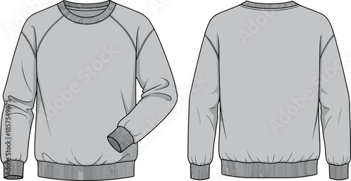 Classic crewneck sweatshirt front and back view illustration for fashion design, apparel mockup, casual clothing template, modern textile vector