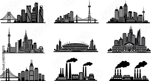City skyline silhouette collection featuring modern urban buildings bridges landmarks industrial factories architecture panorama illustration set