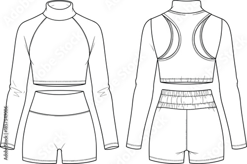 Technical fashion sketch, athletic outfit front back view, crop top, high waist shorts, sportswear design, vector template, CAD drawing flat vector illustration