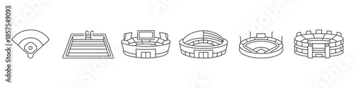 Sports stadium and arena icon set – editable outline symbols of baseball field, swimming pool and various sport arenas