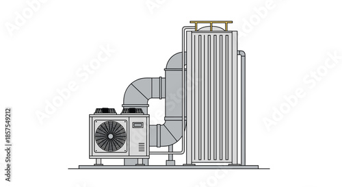 Technical line illustration of a large industrial HVAC system with an outdoor unit, cooling tower, and connecting ductwork.