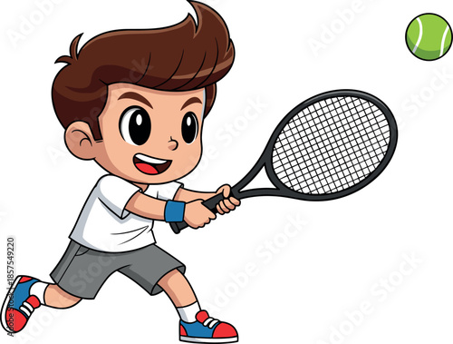 Cute cartoon boy playing tennis with racket and ball energetic sports action isolated on white background vector illustration