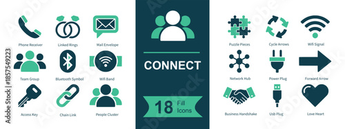 Connect icon set. Containing phone receiver, rings, message bubble, team group, bluetooth, smartwatch wifi, key, chain link, community, puzzle pieces, cycle arrows, wifi signal, network nodes, power p