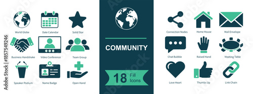 Community icon set. Containing globe, calendar, star, handshake, video conference, group, podium, badge, helping hand, network link, house, envelope, speech bubble, wave hand, meeting table, heart, th