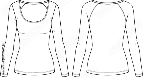 Women's fitted long sleeve top, scoop neck, raglan sleeve, technical fashion sketch, front and back view, vector template, apparel design