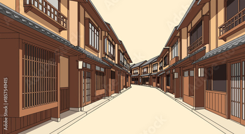 Perspective view of a street in a traditional old Japanese town with historical wooden houses and architecture, manga style.