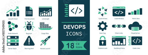 DevOps icon set. Containing growth chart, document, line graph, network nodes, bug, container ship, server rack, alert triangle, rocket, code brackets, cycle arrows, code browser, progress bars, gear 
