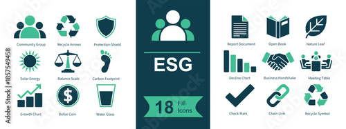 ESG icon set. Containing team group, recycle arrows, shield protection, report document, open book, leaf sustainability, sun energy, balance scales, carbon footprint, decline chart, handshake agreemen