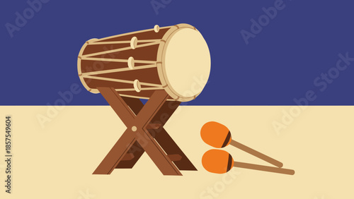 Traditional Indonesian Bedug Drum with Beaters on a Stand, Cultural Music Instrument