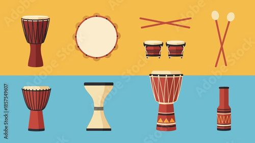 Collection of musical percussion instruments including drums, tambourines, and drumsticks on a colored background