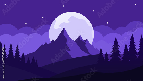 Minimalist purple night landscape illustration featuring mountains trees and a full moon under a starry sky
