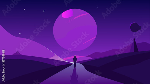 Minimalist purple space illustration with a person exploring an alien planet landscape