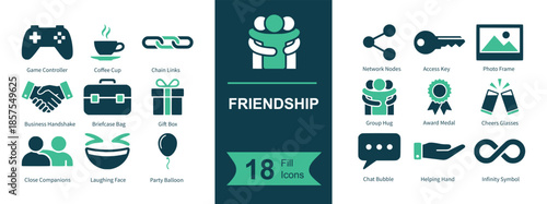 Friendship icon set. Containing game controller, coffee cup, chain link, handshake, briefcase, gift box, people hug, medal award, cheers glasses, leaning friends, smiley face, balloon, speech bubble, 
