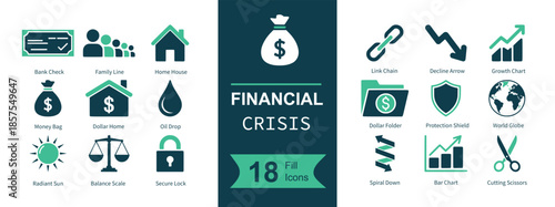 Financial crisis icon set. Containing bank check, family impact, house, money bag, mortgage, oil drop, sun energy, balance scales, security lock, chain link, market crash, recovery chart, financial fo