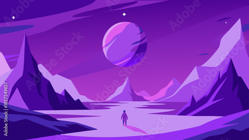 Surreal sci-fi illustration featuring a lone person exploring a vast purple alien landscape with a giant planet in the sky