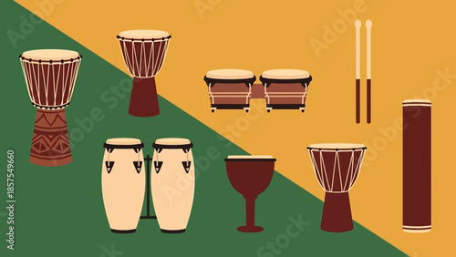 Various percussion instruments arranged on a split green and yellow background, featuring drums and drumsticks for musical rhythm