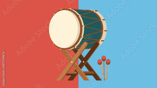 Illustration of a Ramadan drum on a stand next to drumsticks, symbolizing Islamic culture and traditions