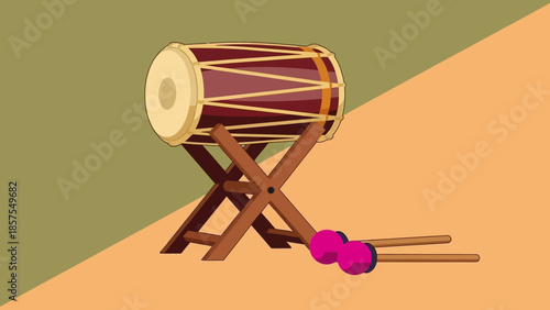 Illustration of a drum and drumsticks on a stand, symbolizing rhythm and music