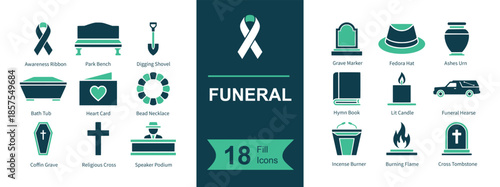 Funeral icon set. Containing mourning ribbon, memorial bench, shovel, tombstone, hat, urn, coffin, sympathy card, wreath, bible, candle, hearse, cross coffin, christian cross, eulogy podium, cremation