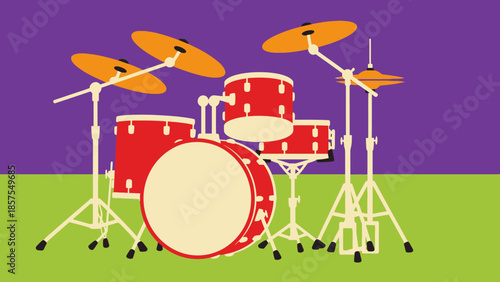 Drum Set Illustration on a Purple and Green Background - A Vibrant Musical Instrument Display