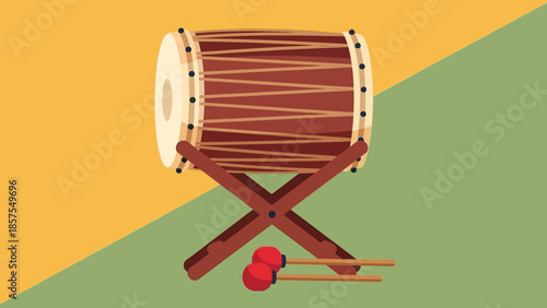 Musical Drum with Drumsticks on a Stand, Traditional Percussion Instrument