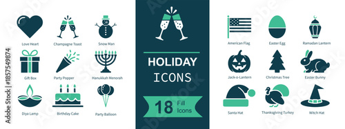 Holiday icon set. Containing heart, champagne glasses, snowman, gift box, party popper, menorah, diya lamp, birthday cake, balloon, US flag, easter egg, lantern, pumpkin, christmas tree, bunny rabbit,