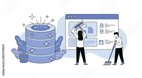 Data cleaning and cleansing concept with people tidying a user interface and a sparkling clean database for organization.