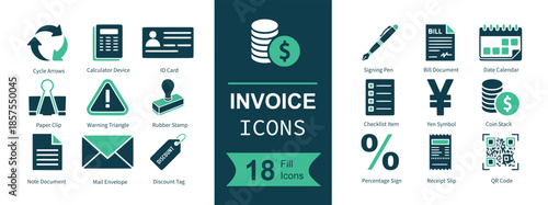 Invoice icons set. Containing refresh cycle, calculator, ID card, paperclip, alert triangle, stamp, document page, envelope mail, discount tag, pen signature, bill form, calendar date, checklist, yen 