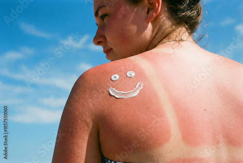Smiley face symbol drawn with cream on woman red sunburn shoulder