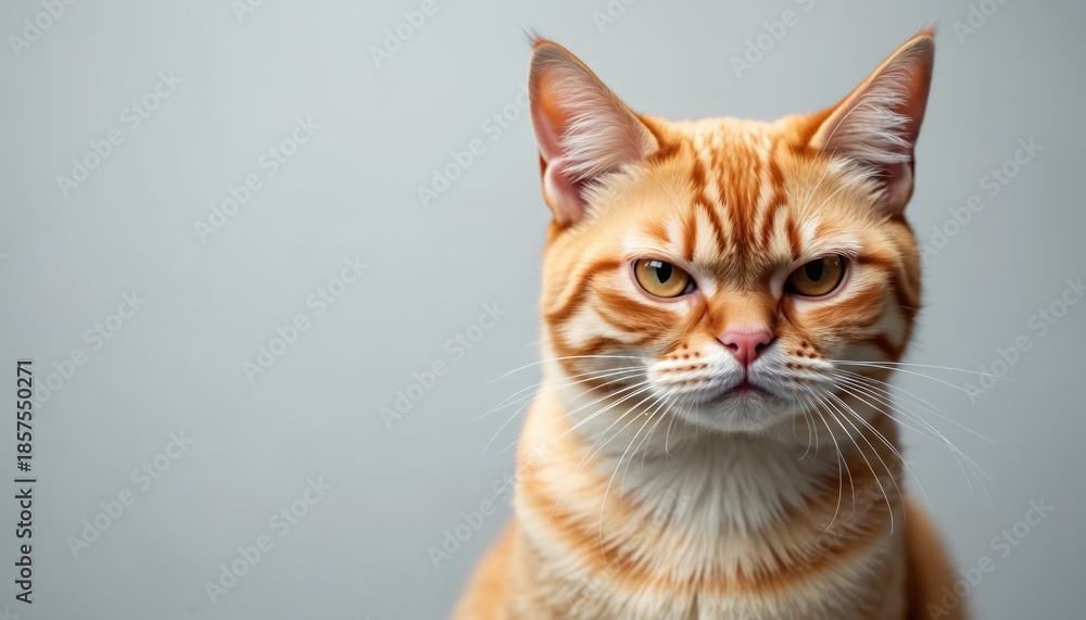 Obraz premium Ginger tabby cat has grumpy expression. Orange feline with intense stare looks sideways against gray backdrop. Small part of face is visible.