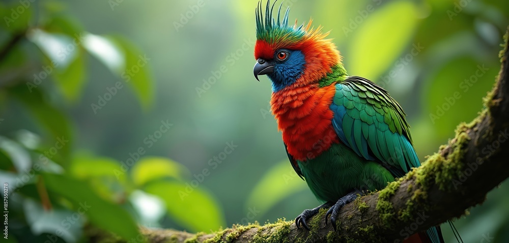 Obraz premium Colorful bird sits on mossy tree branch. Green red blue plumage stands out against soft green jungle foliage. Wildlife scene, nature beauty, detailed feathers.