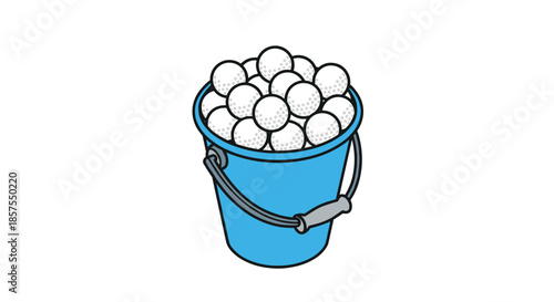 Isometric illustration of a blue bucket completely filled with white golf balls for practice at a driving range or course.