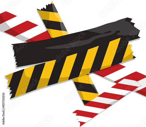 Isolated a Set of yellow, black and red and white warning restriction or forbidden area tape, no entry, area under contruction, traffic accident, crime vector art with white background.