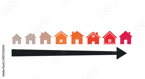 Property ladder concept showing houses growing in size and value along a timeline arrow, representing real estate progression.