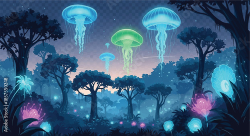 Ethereal Fantasy Landscape with Bioluminescent Jellyfish Floating Above Ancient Jungle Forest