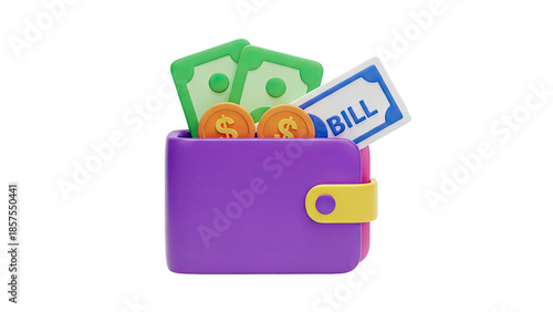 Wallet with cash coins and bill on transparent background