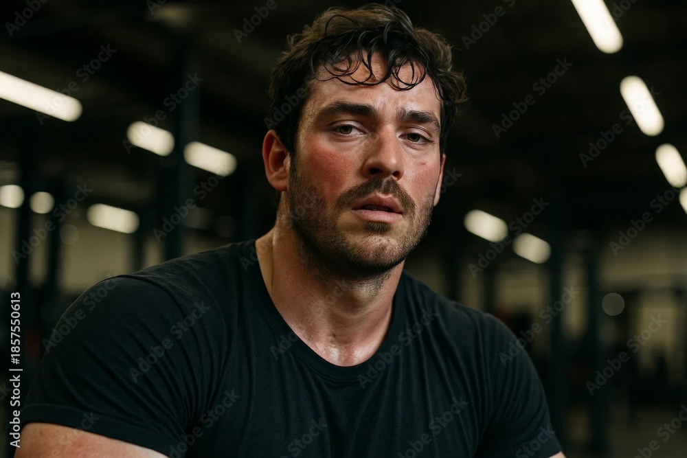 Obraz premium Sweaty exhausted athlete resting after intense workout in a gym, close-up portrait showing fatigue and determination.