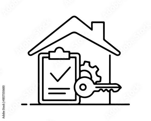 Illustration of a house with a key and checklist indicating home ownership or inspection
