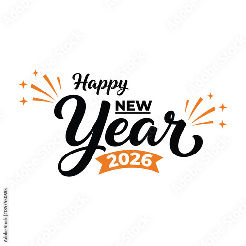 Happy New Year 2026 Modern Typography with Fireworks Illustration on White Background