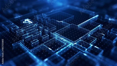 Wide abstract technology motion background featuring a glowing blue circuit board grid with flowing perspective lines, transitioning into a steady static view that forms a seamless loop.