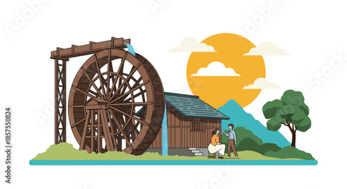 Picturesque scene of a traditional wooden water wheel next to a small house with a couple enjoying the rural landscape.